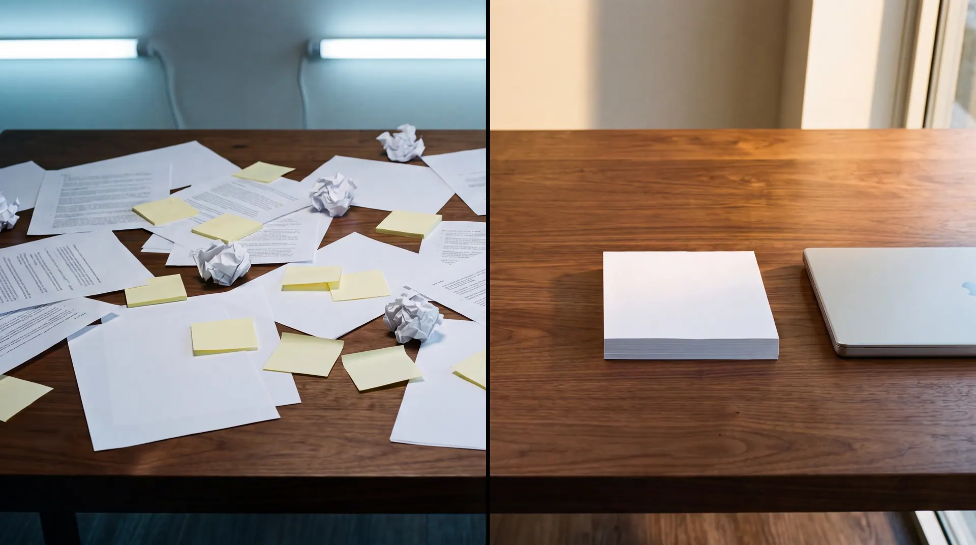 One walnut desk photographed from a single position: the left half buried under scattered paper in cold light, the right half clear and warm with one filed request.