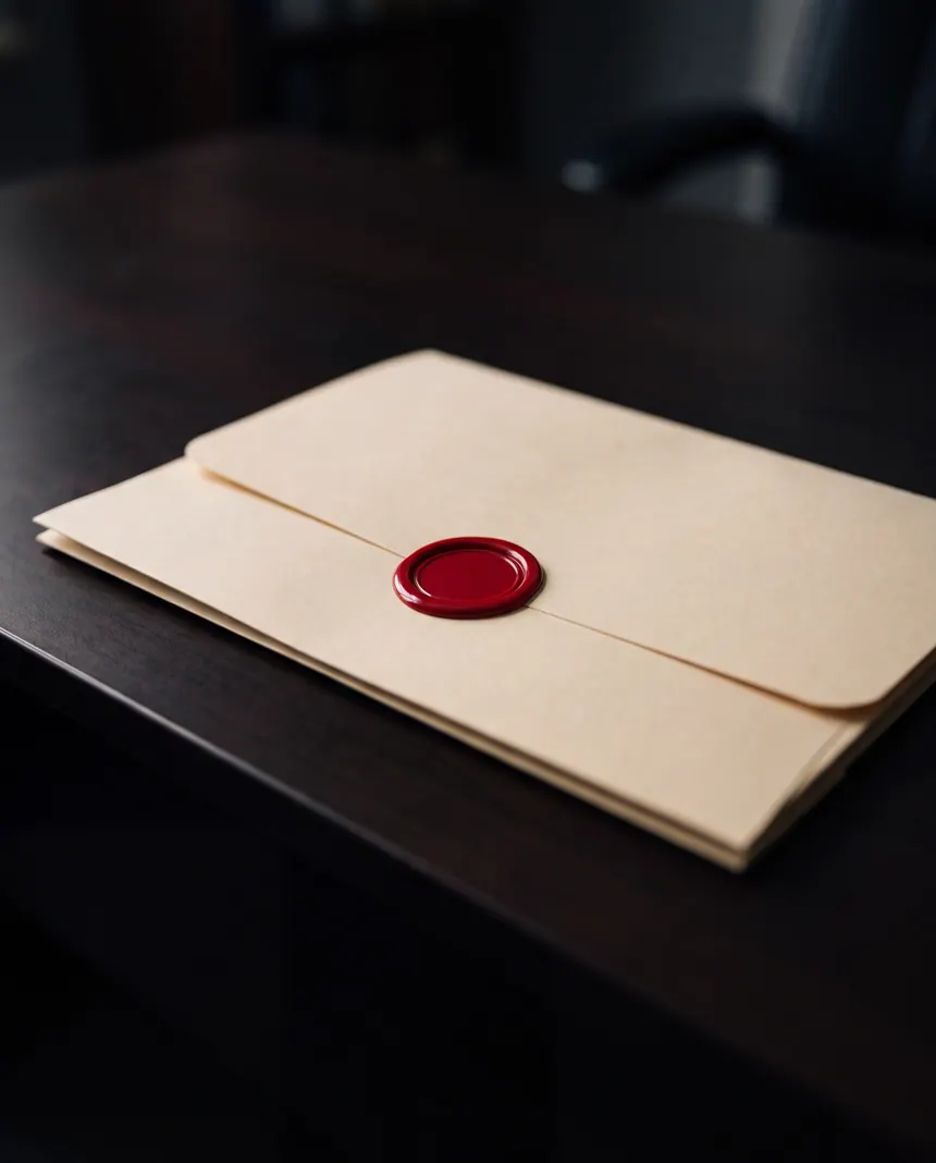 A cream envelope closed with a dark red wax seal, resting on a dark walnut desk.