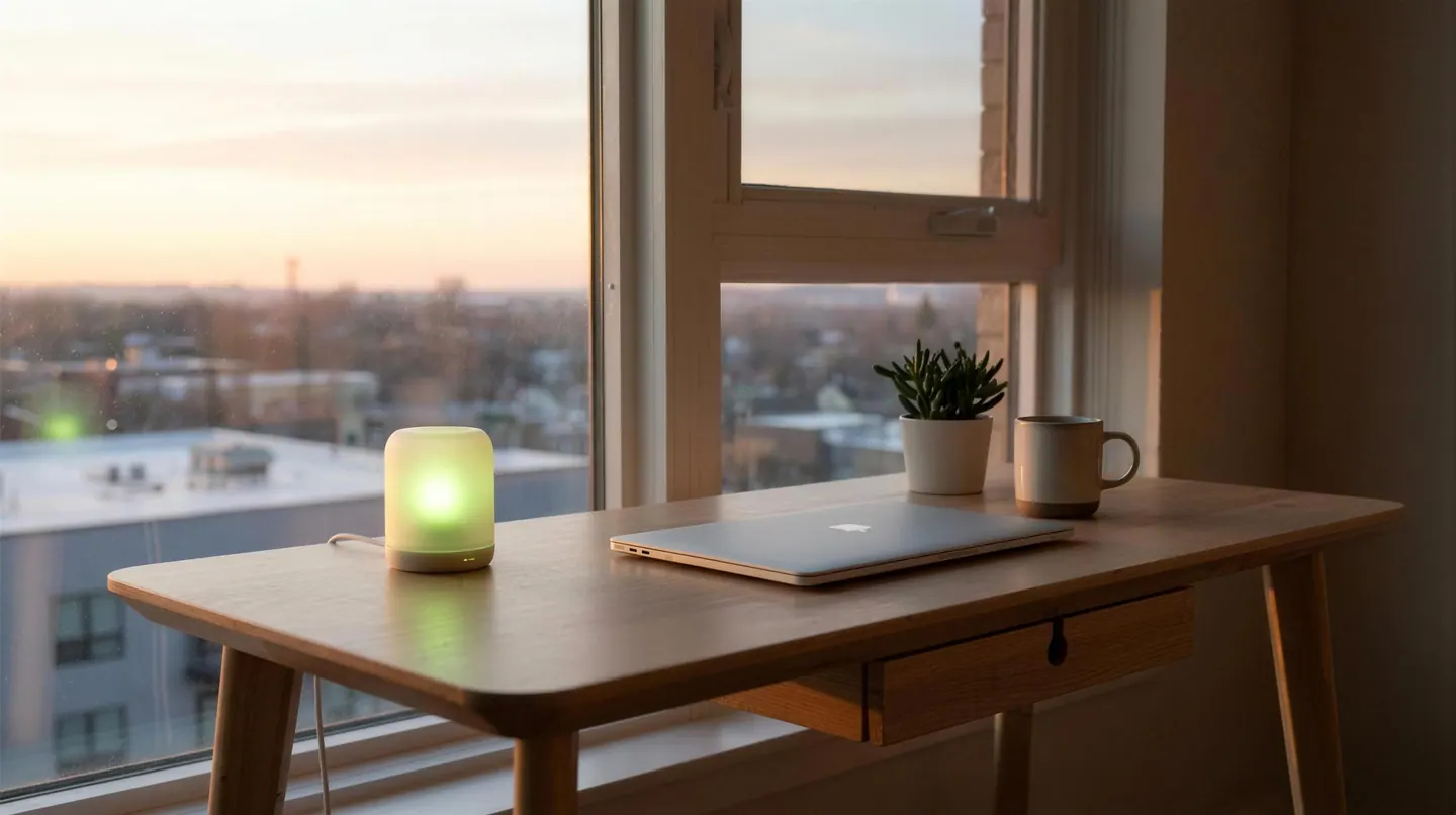 A laptop, a small glowing lamp, a potted plant and a mug on a pale wooden desk by a window, a city skyline at dusk beyond.