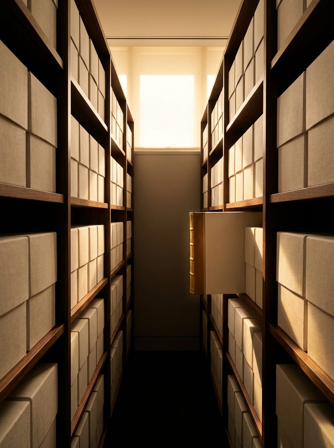 A wall of neatly labelled archive binders, one drawer open